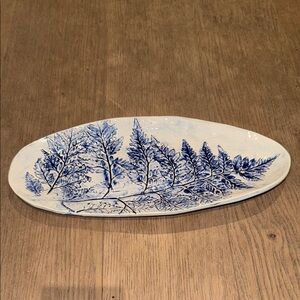Oval Ceramic Platter with Blue Leaf Design